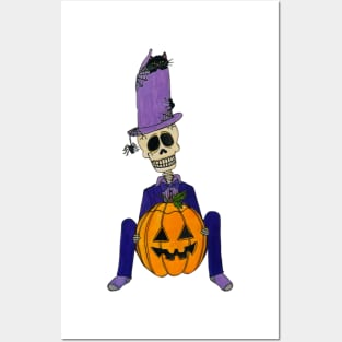 Skeleton With Jack-O-Lantern Posters and Art